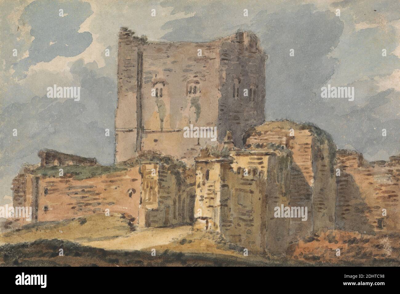 Porchester Castle, Alexander Monro, 1802–1844, undated, Watercolor and graphite on moderately thick, smooth, cream wove paper, Sheet: 2 7/8 × 4 5/16 inches (7.3 × 11 cm), architectural subject, battlements, castle, crenelations, keep, ramparts, ruins, stonework, Towers, walls, England, Europe, Hampshire, Portchester, Portchester Castle, United Kingdom Stock Photo
