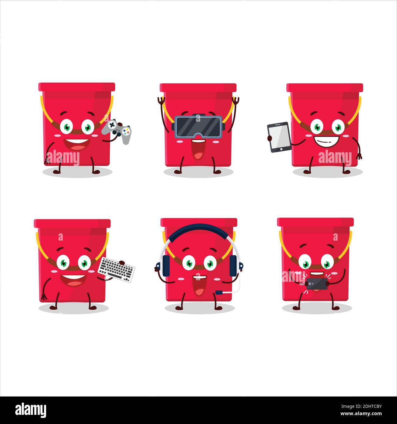 Red bucket cartoon character are playing games with various cute