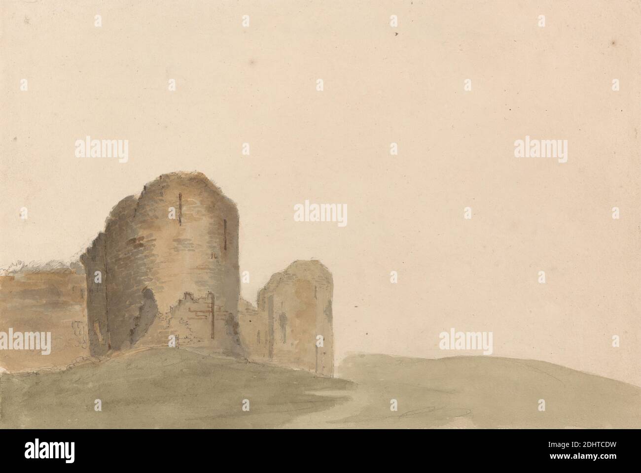 Pevensey Castle, Sussex, James Moore, 1762–1799, British, after Thomas Girtin, 1775–1802, British, undated, Watercolor and graphite on medium, slightly textured, cream wove paper, Sheet: 6 1/2 × 9 9/16 inches (16.5 × 24.3 cm), architectural subject, arrow loops, battlements, castle, loopholes, ruins, stonework, towers (building divisions), walls, East Sussex, England, Europe, Pevensey, Pevensey Castle, United Kingdom Stock Photo