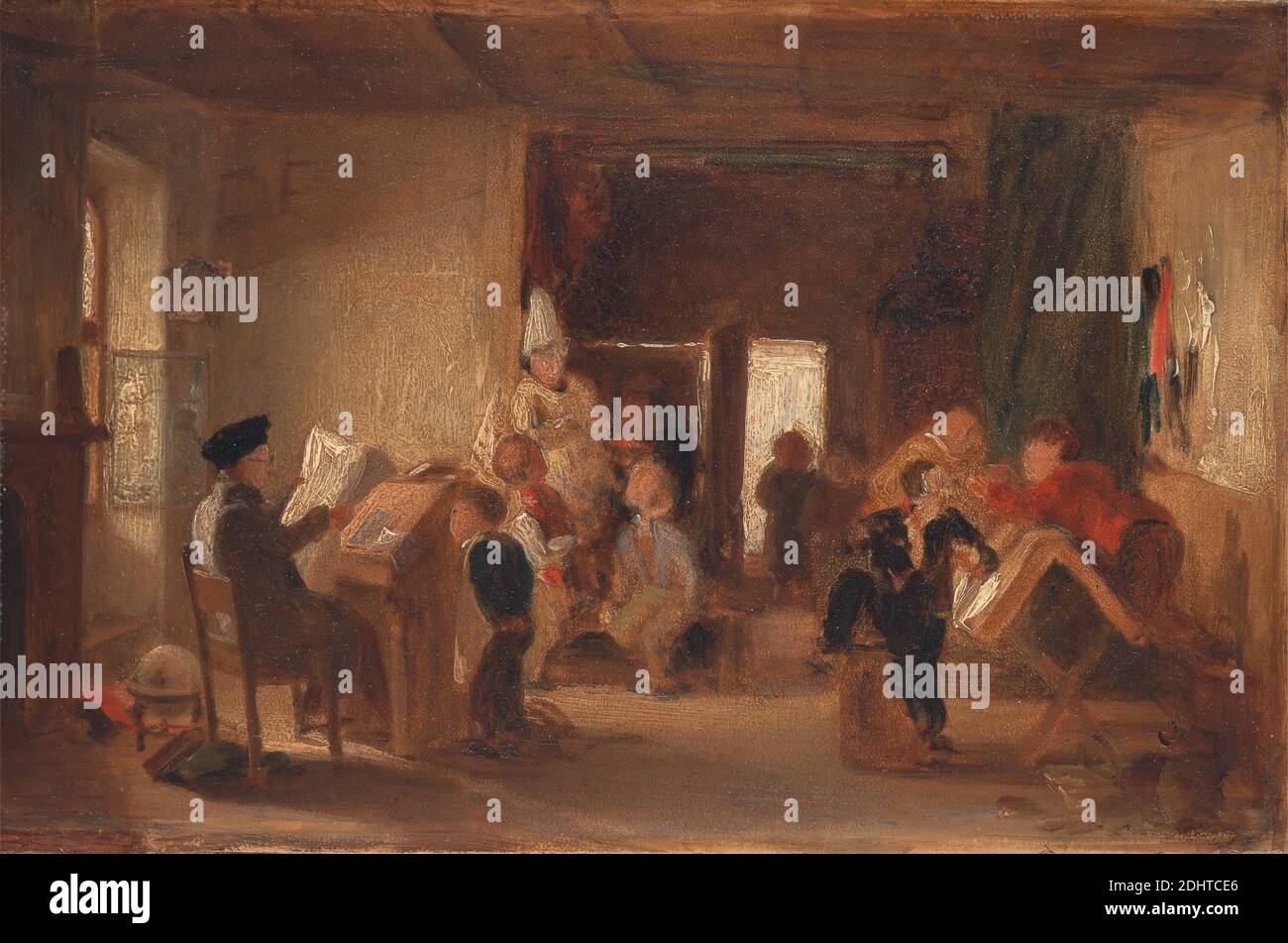 A Study of 'The Schoolroom', Attributed to Thomas Webster, 1800–1886, British, ca. 1820, Oil on board, Support (PTG): 6 1/4 x 9 1/2 inches (15.9 x 24.1 cm), boys, chairs, children, classroom, desks, fireplace, girls, reading, school, schoolrooms, study (visual work), teacher, teaching Stock Photo