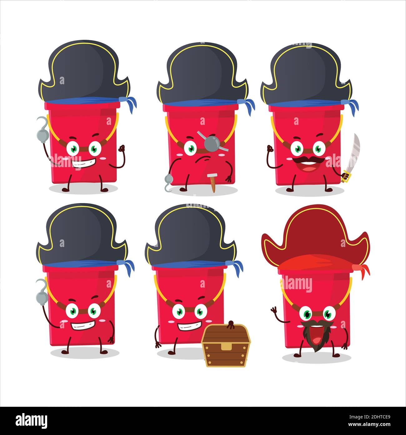 Cartoon character of red bucket with various pirates emoticons. Vector