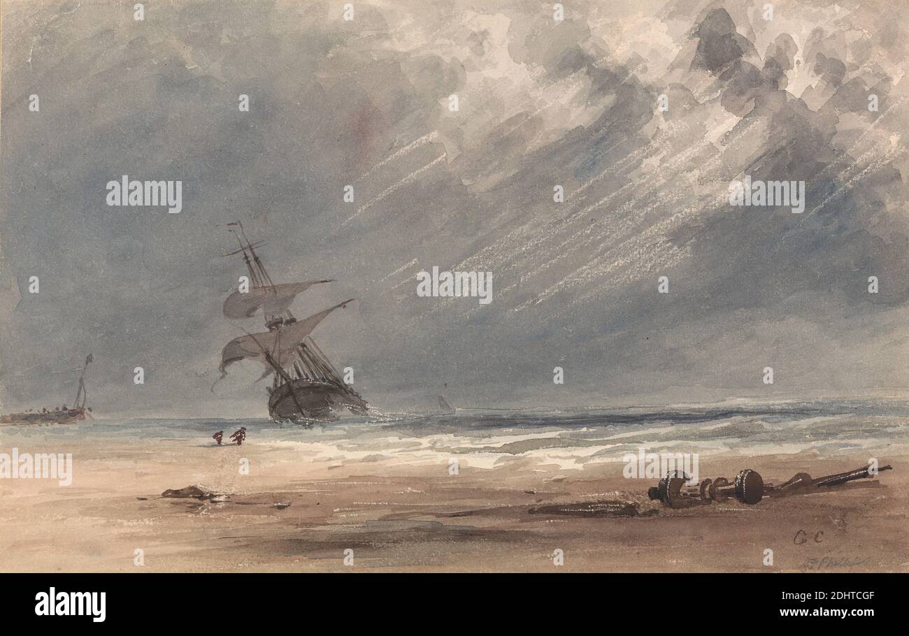 Storm Over a Coast, Giles F. Phillips, 1780–1867, British, undated, Watercolor on medium, slightly textured, cream wove paper, Sheet: 6 1/16 × 9 1/2 inches (15.4 × 24.1 cm), beach, boats, coast, marine art, Masts and rigging, men, ocean, sails, ship, storm, waves (natural events Stock Photo
