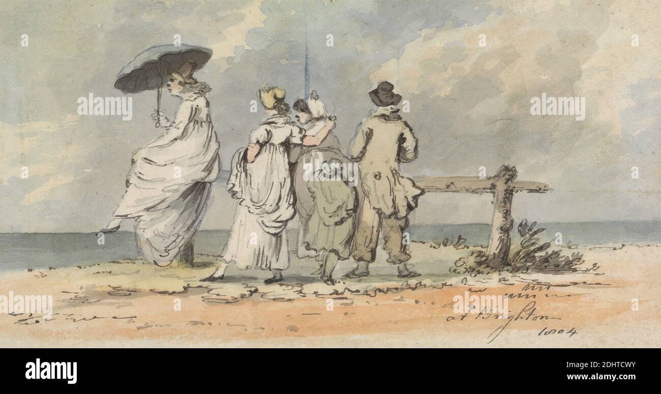At Brighton, 1804: Three Women, Child and Man Looking Out to Sea, John Nixon, ca. 1760–1818, British, 1804, Watercolor and graphite with pen and black ink on medium, smooth, cream wove paper, Sheet: 3 3/8 × 6 1/8 inches (8.6 × 15.6 cm), beach, child, clouds, dresses, genre subject, man, parasol, railing, sea, women Stock Photo
