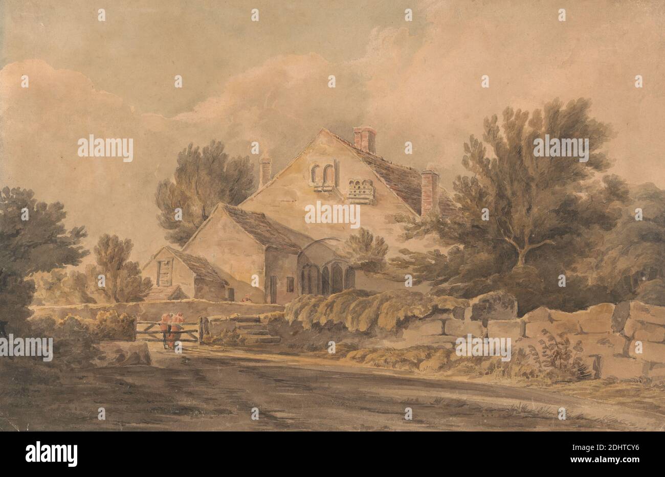 Near Goudhurst, Kent, Attributed to J. Pearson, active 1860, 1860, Watercolor and graphite on medium, slightly textured, cream wove paper, Sheet: 9 1/4 × 14 1/8 inches (23.5 × 35.9 cm), architectural subject, blind arches, chimneys, farmhouse, gate, wall, England, Europe, Goudhurst, Kent, United Kingdom Stock Photo