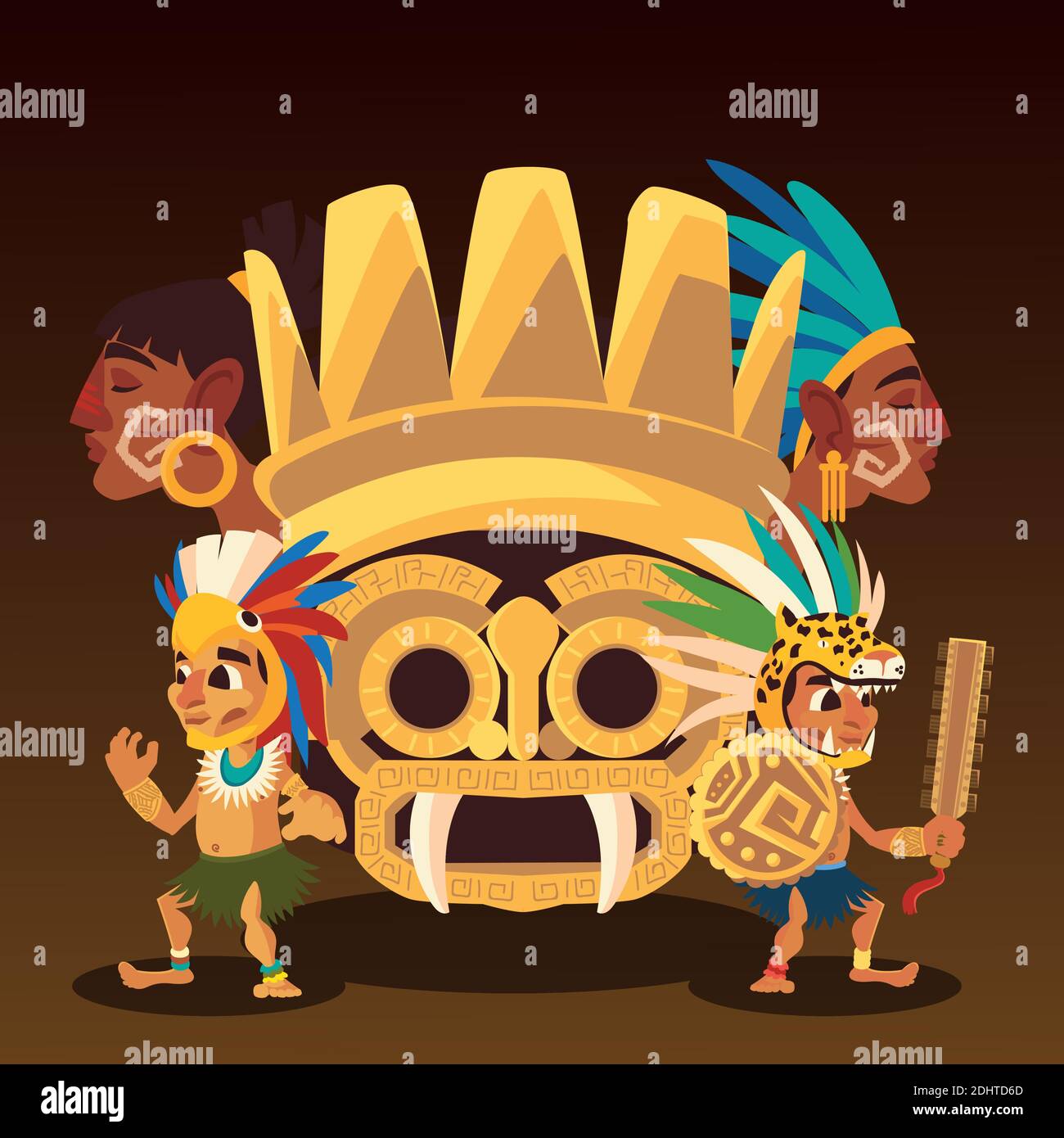 aztec totem warriors with headgear culture traditonal vector ...