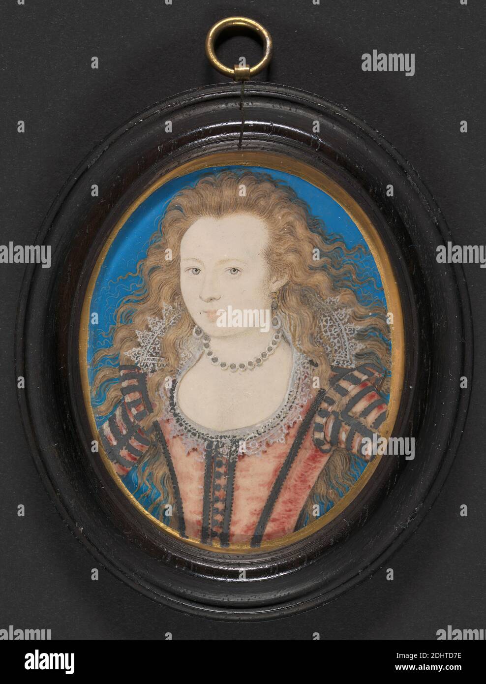 Portrait of a Lady, Nicholas Hilliard, ca. 1547–1619, British, between 1600 and 1615, Watercolor and gouache on vellum laid onto card, Sheet: 2 x 1 11/16 inches (5.1 x 4.3 cm) and Frame: 2 3/4 x 2 1/4 x 1/2 inches (7 x 5.7 x 1.3 cm), portrait Stock Photo
