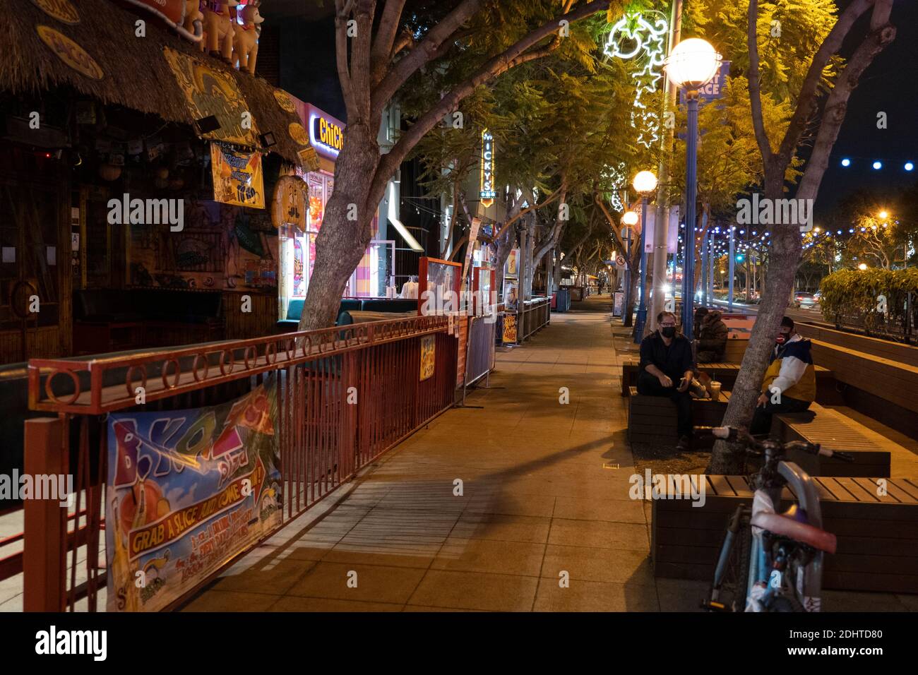 West Hollywood, CA USA - Dec 7 2020: Deserted sidewalk cafes  after LA ordered outdoor dining closed due to new Covid-19 restrictions Stock Photo