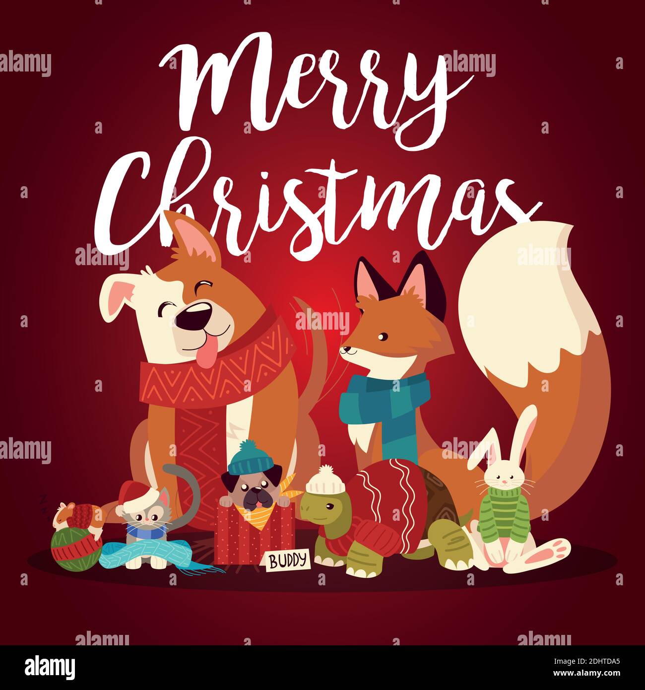merry christmas cute animals with scarf sweater cartoon greeting card