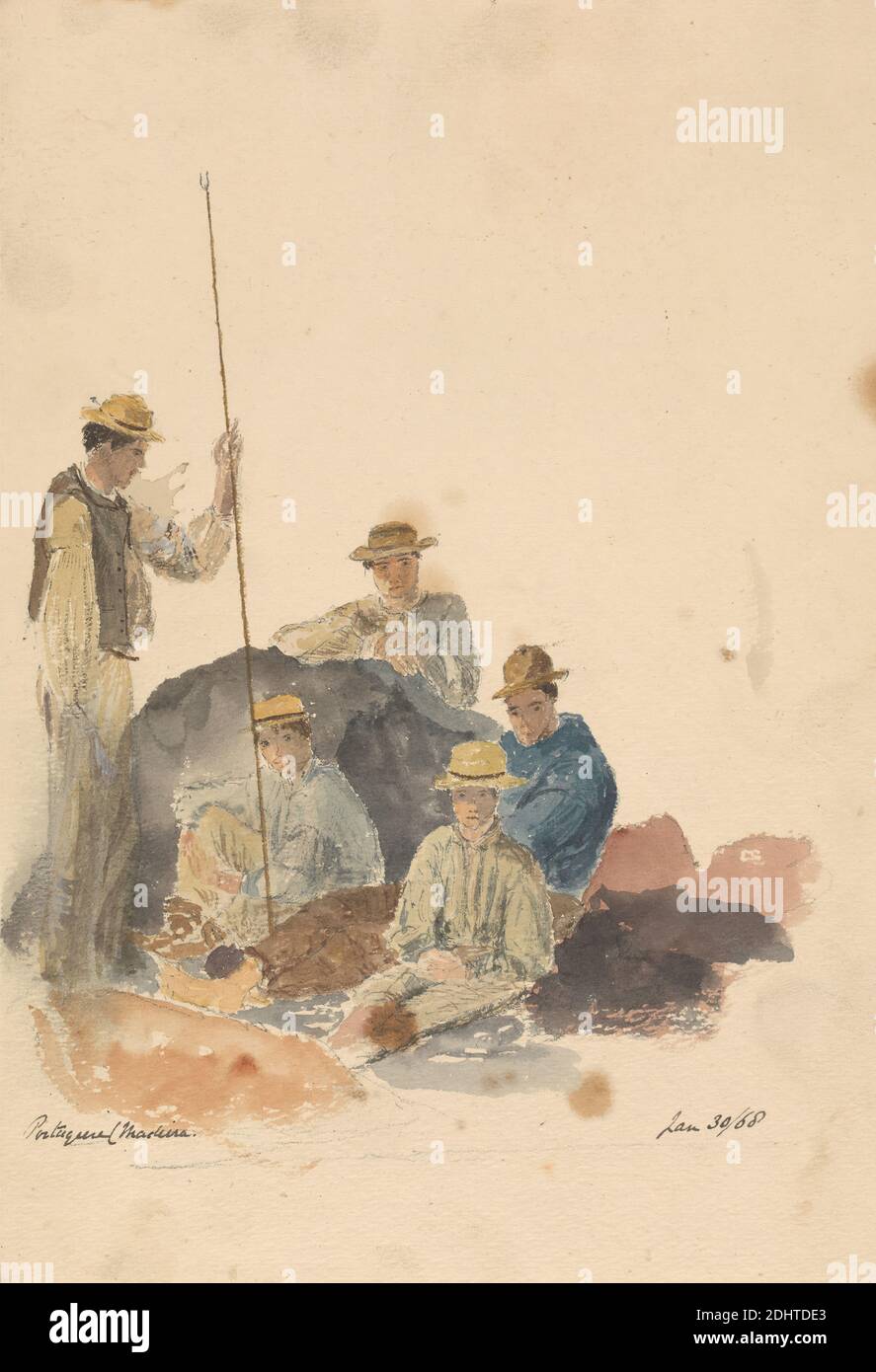 Portuguese, Madeira, Jan 30, '68, unknown artist, 1868, Watercolor and graphite on thick, moderately textured, beige wove paper, Sheet: 10 × 7 inches (25.4 × 17.8 cm), genre subject, hats, men, Portuguese Stock Photo