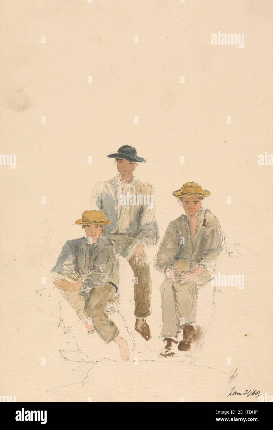 Three Men (Jan 31/68), unknown artist, nineteenth century, 1868, Watercolor and graphite on thick, moderately textured, cream wove paper, Sheet: 10 × 7 inches (25.4 × 17.8 cm), figure study, hats, men Stock Photo