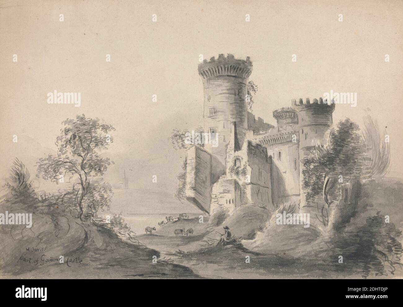 Part of Goodrich Castle, Sir Horace Jones, 1819–1887, British, 1842, Gray wash, pen and black ink, and gray ink on moderately thick, moderately textured, beige, wove paper, Sheet: 9 5/8 × 13 7/8 inches (24.5 × 35.2 cm), architectural subject, castle, cattle, landscape, man, trees, England, Europe, United Kingdom Stock Photo