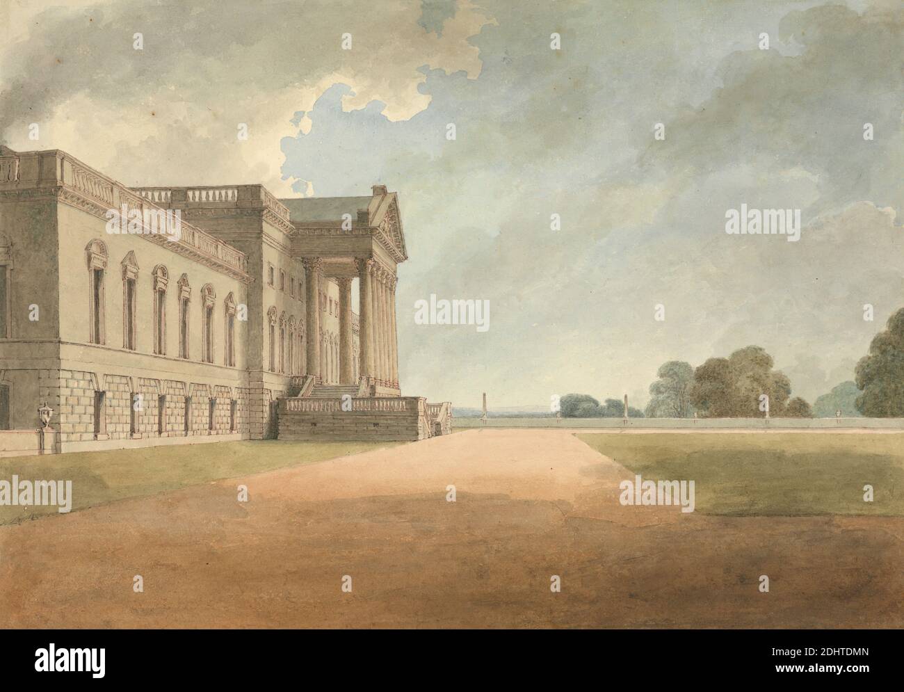 Wanstead House, Essex, Thomas Streatfield, 1777–1848, British, 1807, Graphite, pen and red and black ink and watercolor on medium, smooth, cream wove paper, Sheet: 6 × 8 5/8 inches (15.2 × 21.9 cm), architectural subject, columns (architectural elements), Corinthian (architectural style), grass, houses, Palladian, parks (grounds), porticoes, windows, England, Essex, Europe, United Kingdom, Wanstead, Wanstead House Stock Photo