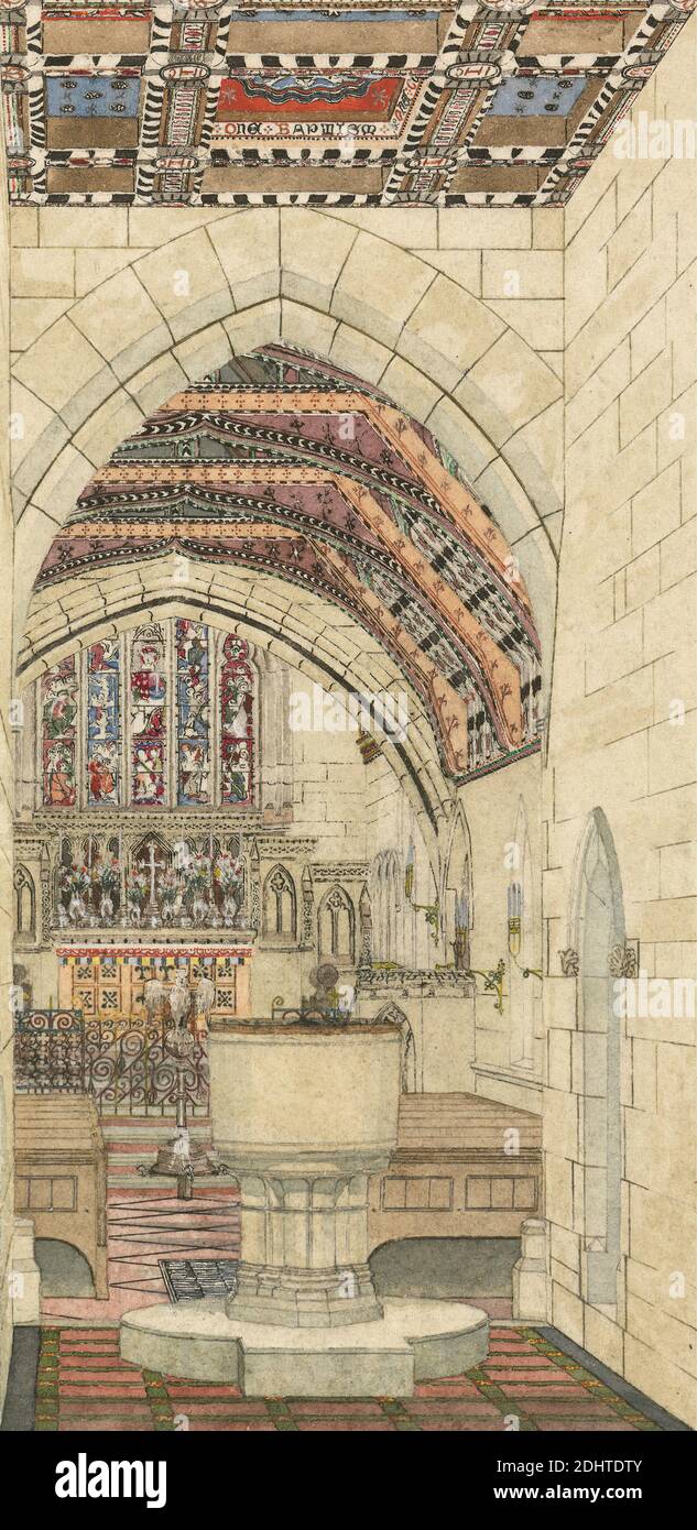 Design for Polychromatic Decoration of a Church, George Edmund Street, 1824–1881, British, undated, Watercolor and gouache with pen and black ink on moderately thick, rough, cream wove paper, Sheet: 10 1/8 × 6 1/4 inches (25.7 × 15.9 cm) and Image: 7 3/4 × 3 3/4 inches (19.7 × 9.5 cm), altar, arch, architectural subject, ceilings, nave, polychromatic, sconces, stained glass Stock Photo