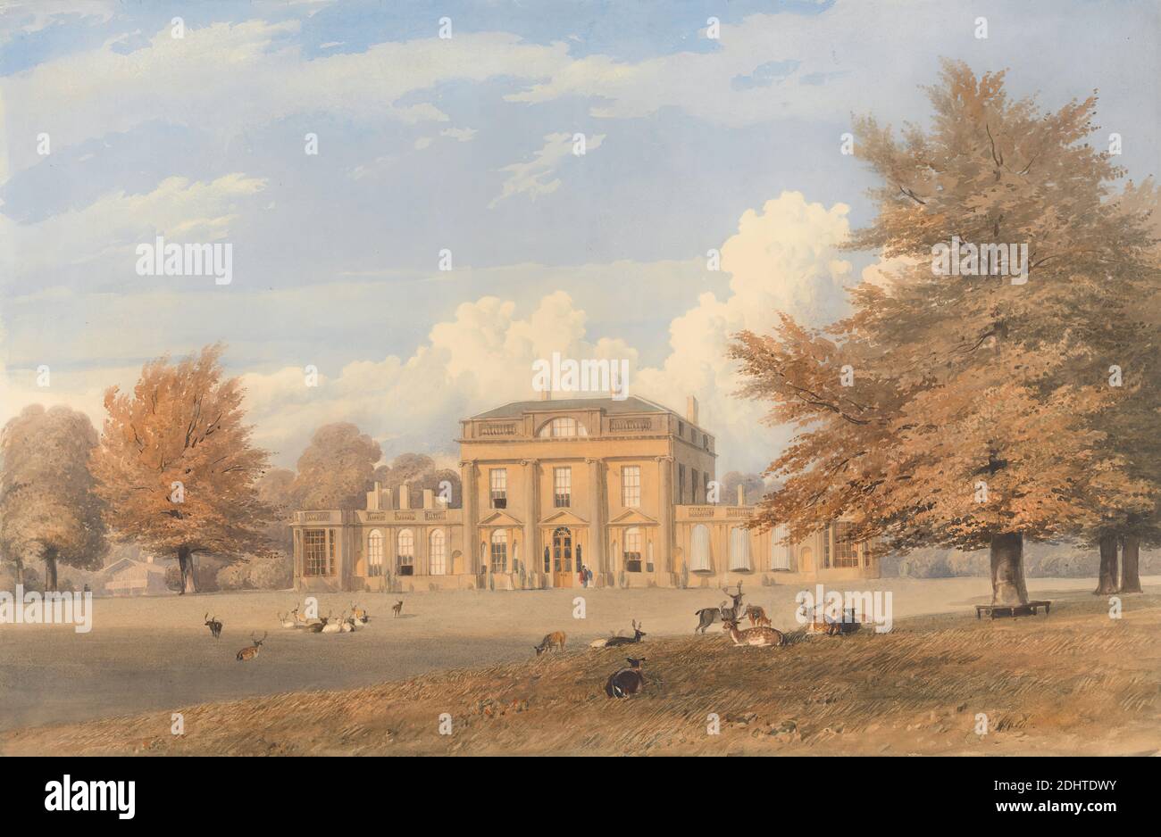 Roundway Park, Wiltshire: Exterior View, unknown artist, nineteenth century, ca. 1840, Graphite and watercolor on moderately thick, slightly textured, white wove paper, Sheet: 18 9/16 x 28 1/2 inches (47.1 x 72.4 cm), animals, architectural subject, architecture, building, clouds, deer, front elevations, grass, house, landscape, lawn, men, park (grounds), people, women, Devizes, England, Europe, United Kingdom, Wiltshire Stock Photo