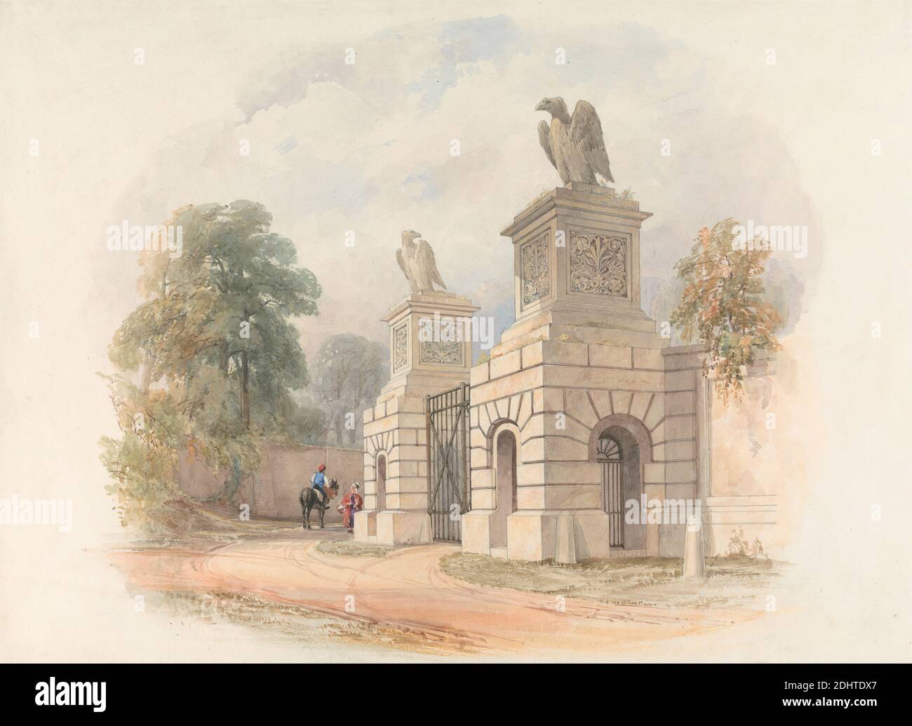Design for a Park Gateway, Edward Blore, 1789–1879, British, undated, Watercolor, gouache, graphite, etched lines, with black ink, and pen in brown ink on medium, slightly textured, cream, wove paper, mounted on moderately thick, moderately textured, cream, wove paper, Sheet: 10 15/16 × 15 1/16 inches (27.8 × 38.3 cm), architectural subject, bird, design, eagles (birds), gate, gateway, horse (animal), park (grounds), statue Stock Photo