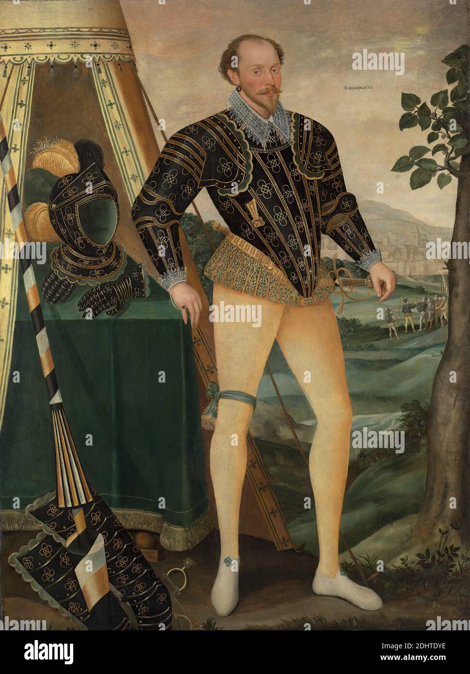 Sir William Drury, of Hawstead, Suffolk (1550–1590), Daniël van den Queborne, 1552/1557–1602/1605, Dutch, 1587, Oil on canvas, Support (PTG): 93 3/4 x 61 1/2 inches (238.1 x 156.2 cm), Accession Day tilts, armor, brocade, competition, costume, earring, feather, garter, gloves, helmets, jousting, jousts, lace, lance, landscape, man, military art, military camp, portrait, spur, stirrups, stockings, tent, tents, town, Tudor Stock Photo