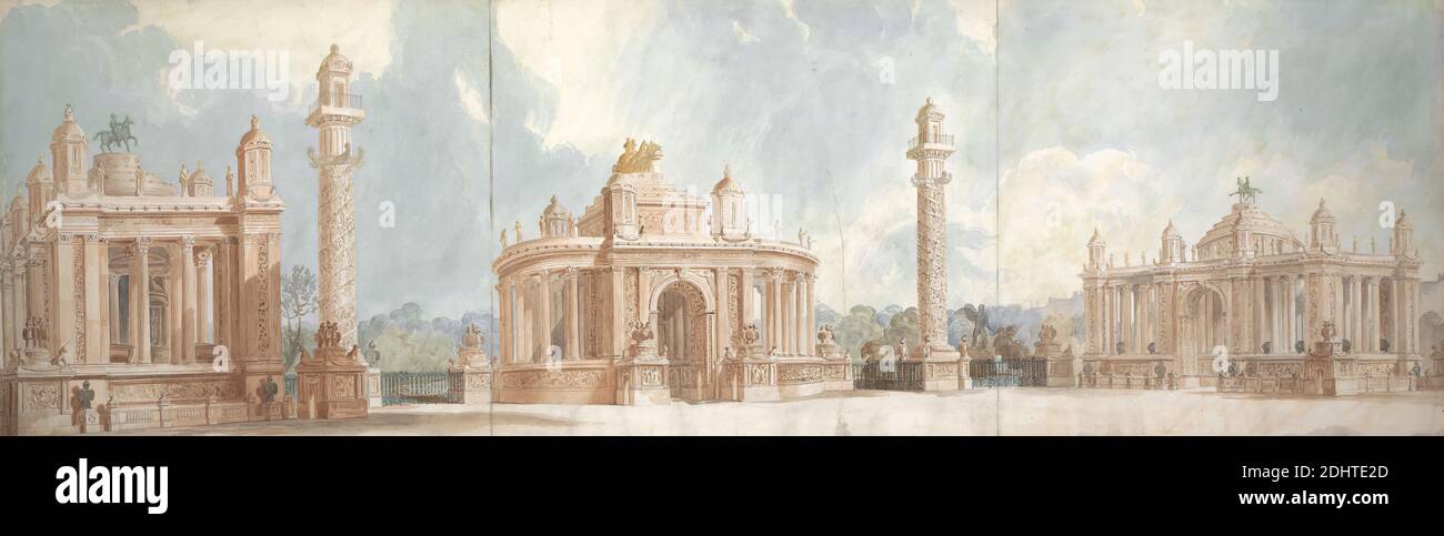 Design for Hyde Park and St. James' Park Entrance, Sir John Soane, 1753–1837, British, ca. 1826, Watercolor and graphite on three joined sheets of moderately thick, moderately textured, cream wove paper, Sheet: 15 3/4 × 50 1/4 inches (40 × 127.6 cm), arches, architectural subject, Classical Revival, columns (architectural elements), Corinthian, equestrian statues, escutcheons (coats of arms), festoons, friezes (entablature components), gates, horses (animals), sculptures, statues, trees, triumphal arches, unicorns, England, Greater London, Hyde Park, London, St. James's Park Stock Photo