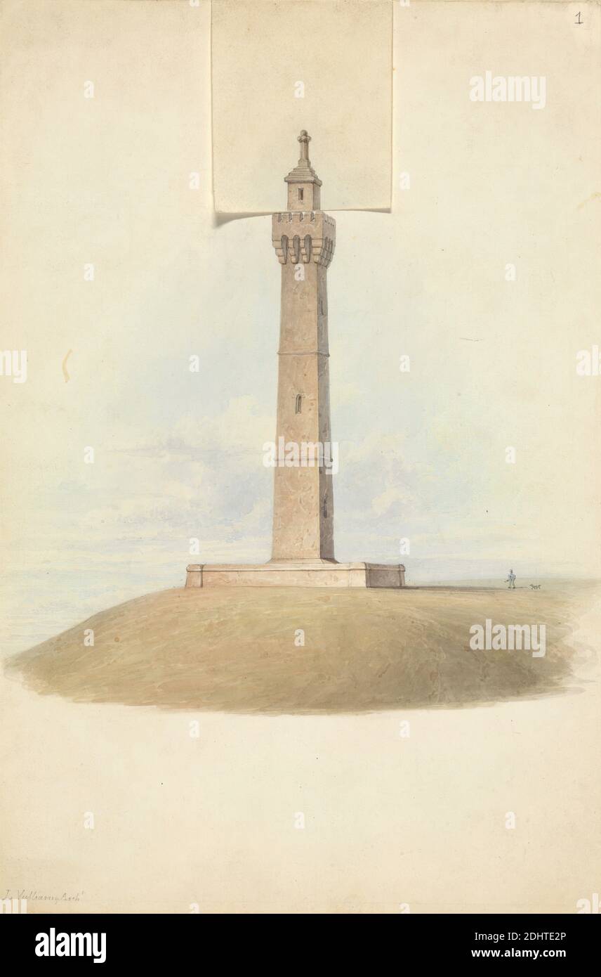 Variant Designs for the Somerset Monument: Elevation, Lewis Vulliamy, 1791–1871, British, undated, Watercolor and graphite with pen and black ink on smooth, thick, cream wove paper, Sheet: 10 1/2 × 7 inches (26.7 × 17.8 cm), architectural subject, column (architectural element), folly, monument, tower (building division), Burton Pynsent Monument, Curry Rivel, England, Somerset, United Kingdom Stock Photo
