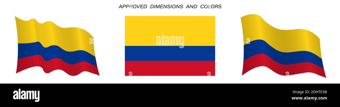 Colombia flag in static position and in motion, developing in the wind in exact colors and sizes, on a white background Stock Vector