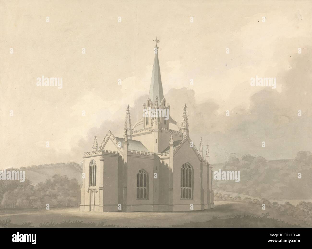 Thames Ditton, Surrey: Design for Gothic Church, Sir Robert Taylor, 1714–1788, British, ca. 1776, Graphite, pen and black ink and watercolor on medium, slightly textured, cream wove paper, Sheet: 11 7/8 x 15 7/8 inches (30.2 x 40.3 cm), architectural subject, church, designs, elevations (drawings), Gothic, lancet windows, landscape, spires, Surrey, Thames Ditton Stock Photo