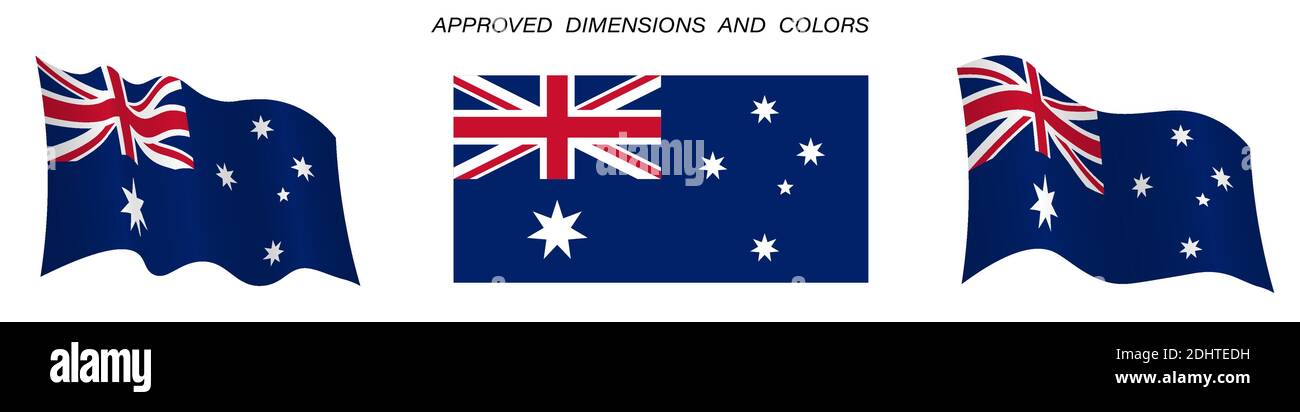 Flag of Australia in static position and in motion, developing in the wind in exact colors and sizes, on a white background Stock Vector