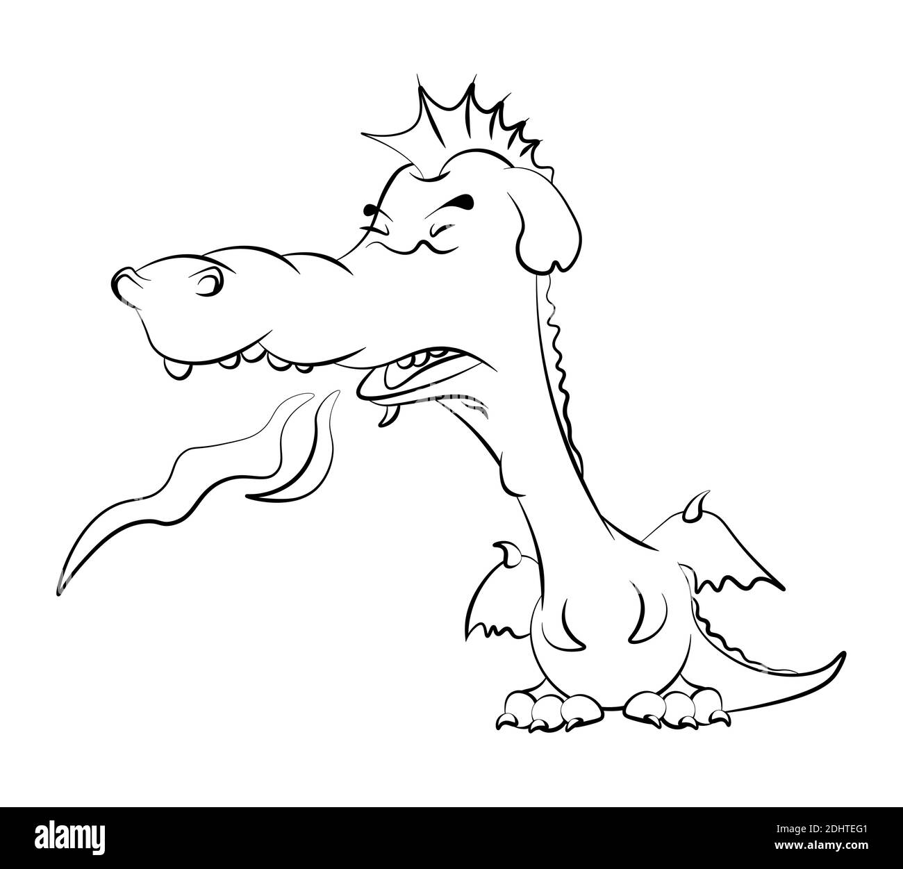 cute young dragon teenager in a bad mood releases flames from his mouth. Coloring book for children. Vector on a white background Stock Vector