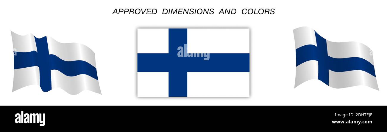 flag of Finland in static position and in motion, developing in the wind. Exact sizes and colors on a white background Stock Vector