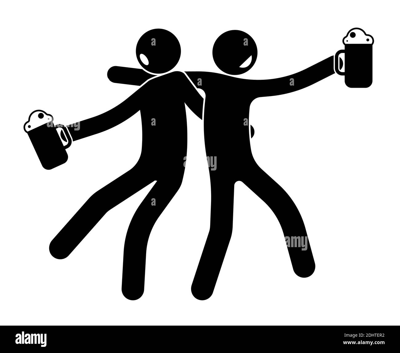 stick figure, two drunken comrades, friend return drunk from a beer restaurant, pub. Mugs with alcoholic drink in hand. Harm of alcohol to health. Vec Stock Vector