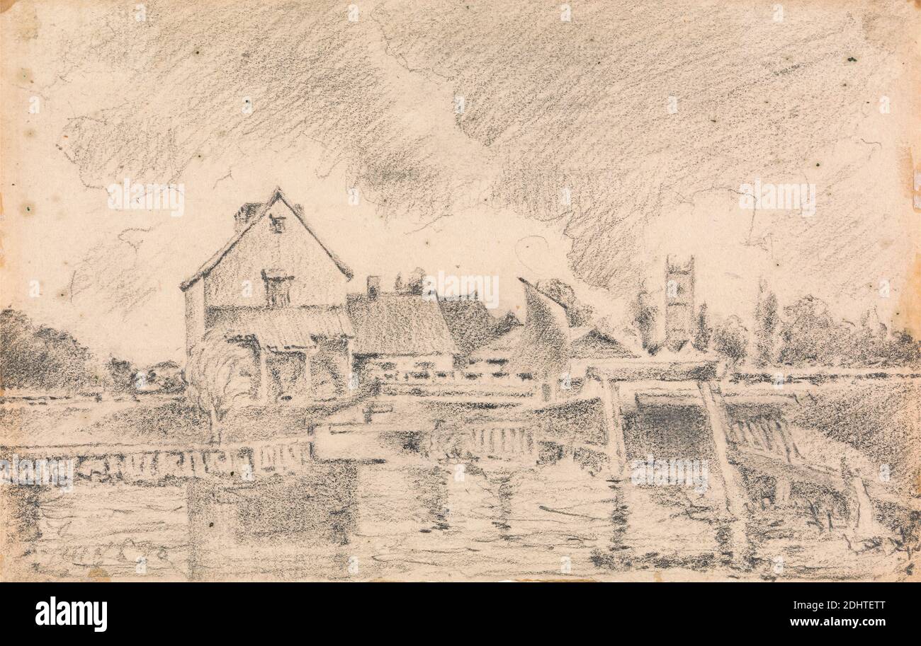 Copy of Constable's Painting, Dedham Lock and Mill, unknown artist, nineteenth century, formerly John Constable, 1776–1837, British, undated, Graphite on medium, slightly textured, beige wove paper, Sheet: 4 x 6 1/8 inches (10.2 x 15.6 cm), copy, landscape, lock, water mill, Dedham, England, Essex, Europe, Stour, United Kingdom Stock Photo