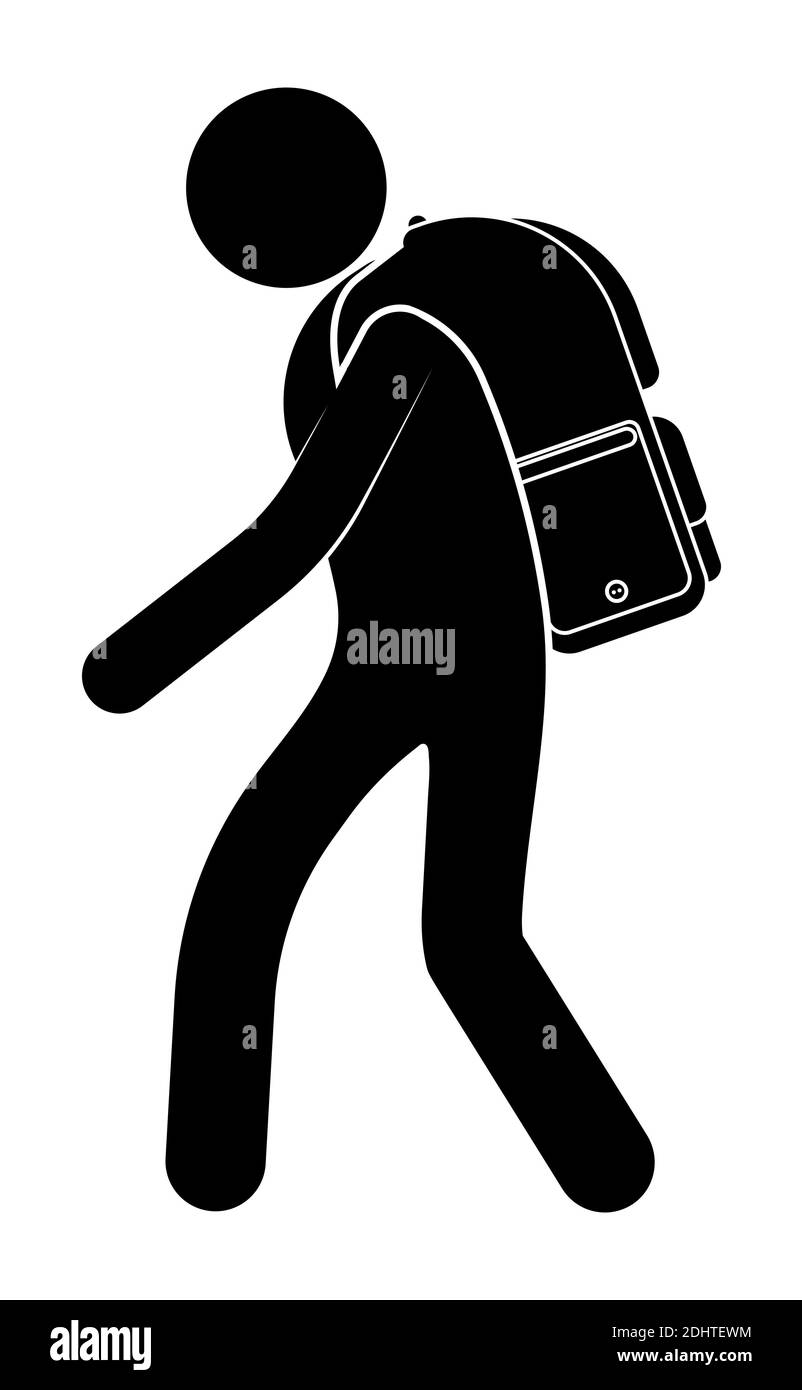 Stick figure. Schoolboy, student goes with a heavy backpack over his shoulders. First of September, day of knowledge. Curvature of the spine and healt Stock Vector