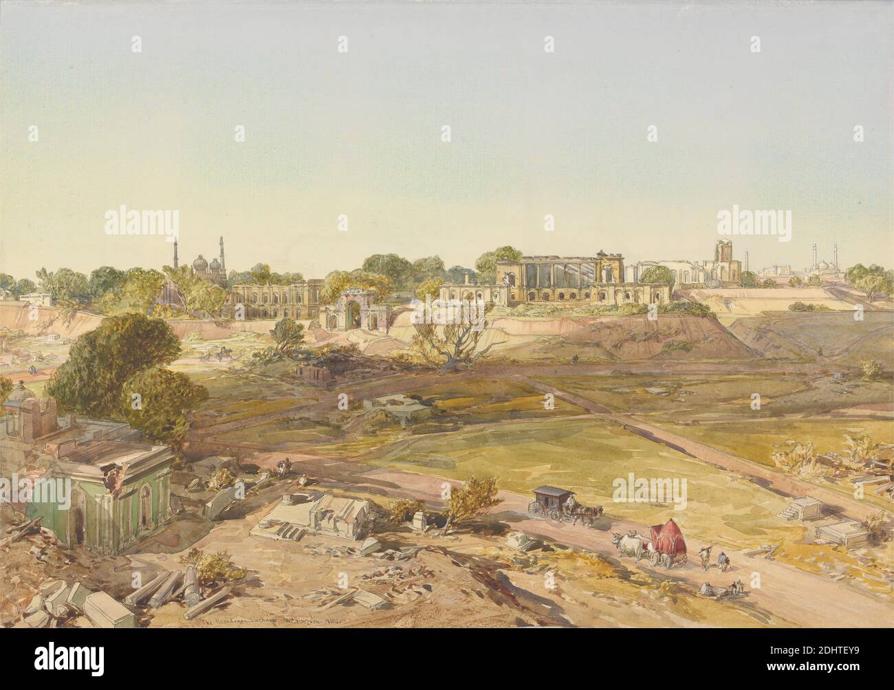 The Residency, Lucknow, William Simpson, 1823–1899, British, 1864, Watercolor and graphite on moderately thick, slightly textured, cream wove paper, Sheet: 14 5/8 x 20 1/2 inches (37.1 x 52.1 cm), architectural subject, carriages, columns, domes, figures, horses (animals), landscape, mosques, official residence, oxen, pillars, road, ruins, siege, walking, Asia, India, Lucknow, Uttar Pradesh Stock Photo