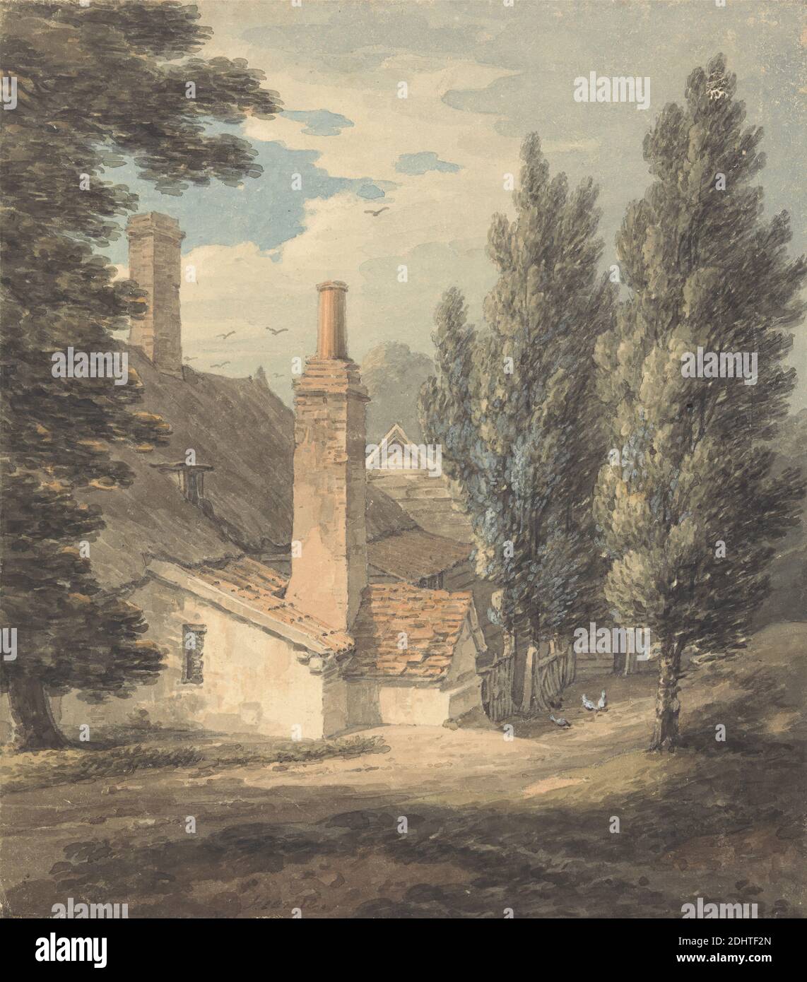 The Back of a Farm House, Thomas Hearne, 1744–1817, British, undated, Watercolor and gouache over graphite on moderately thick, slightly textured, cream wove paper, Sheet: 8 x 7 inches (20.3 x 17.8 cm), agriculture, architectural subject, birds, chickens, chimneys, farm, farmhouse, fences, grass, hill, landscape, trees Stock Photo
