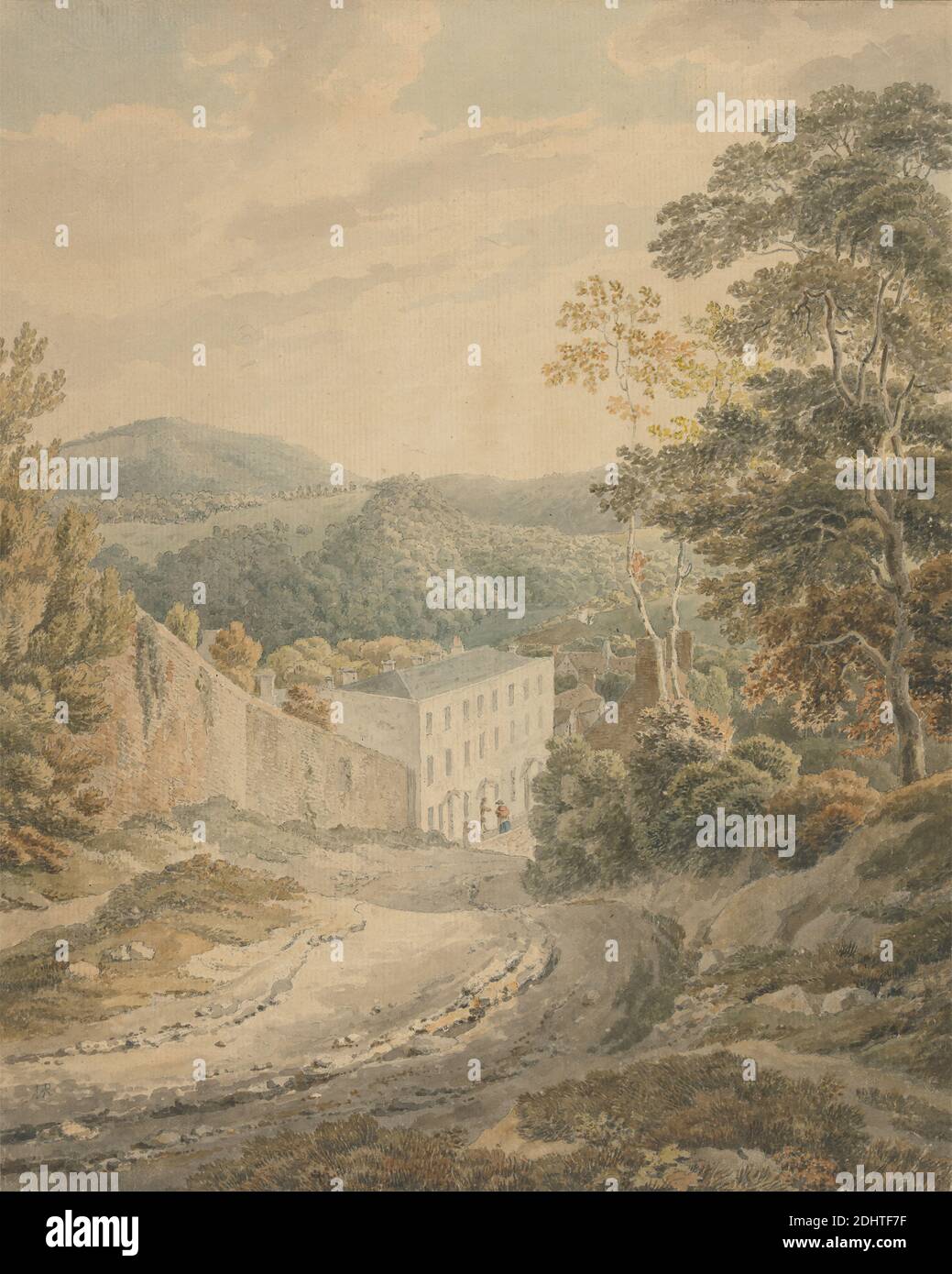 Landscape, Looking Downhill to a Village Dominated by a Large Three-Storied Stone House, Michael 'Angelo' Rooker, 1746–1801, British, undated, Watercolor over graphite on moderately thick, slightly textured, cream laid paper, Sheet: 11 5/8 x 9 1/4 inches (29.5 x 23.5 cm), architectural subject, hills, house, landscape, mansion, path, road, trees Stock Photo