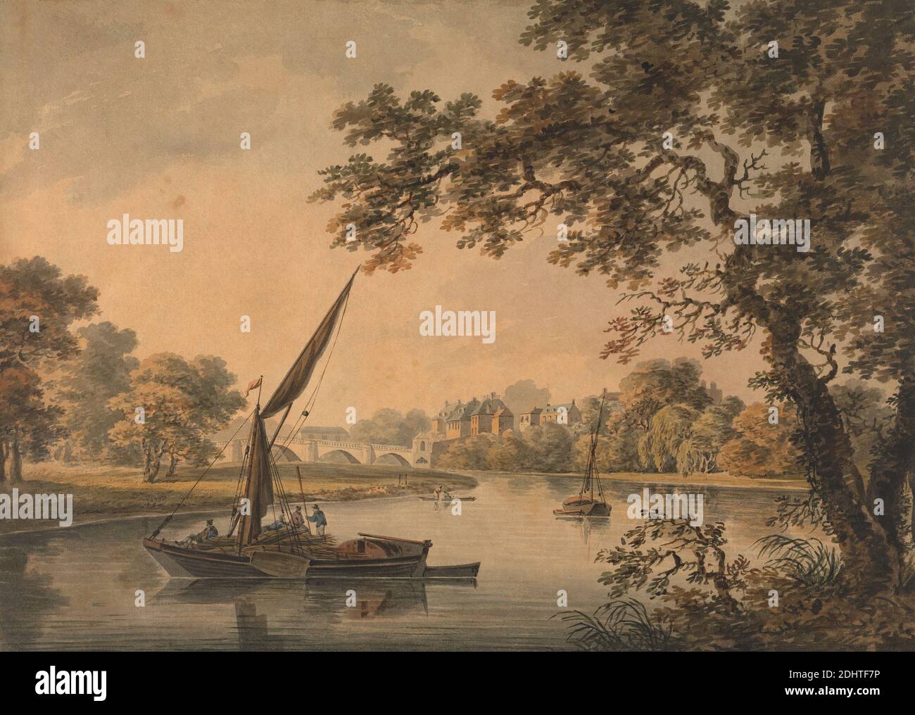 A Bridge over the Thames, with sailing barges in the foreground, Dominic Serres RA, 1722–1793, French, active in Britain (from the 1750s), 1758-1793, Watercolor with black ink, brown ink and graphite on medium, moderately textured, cream laid paper, Sheet: 13 1/4 × 18 3/4 inches (33.7 × 47.6 cm), arch bridge, architectural subject, barges (flat-bottomed watercraft), boats, bridge (built work), houses, landscape, rivers, England, Thames Stock Photo