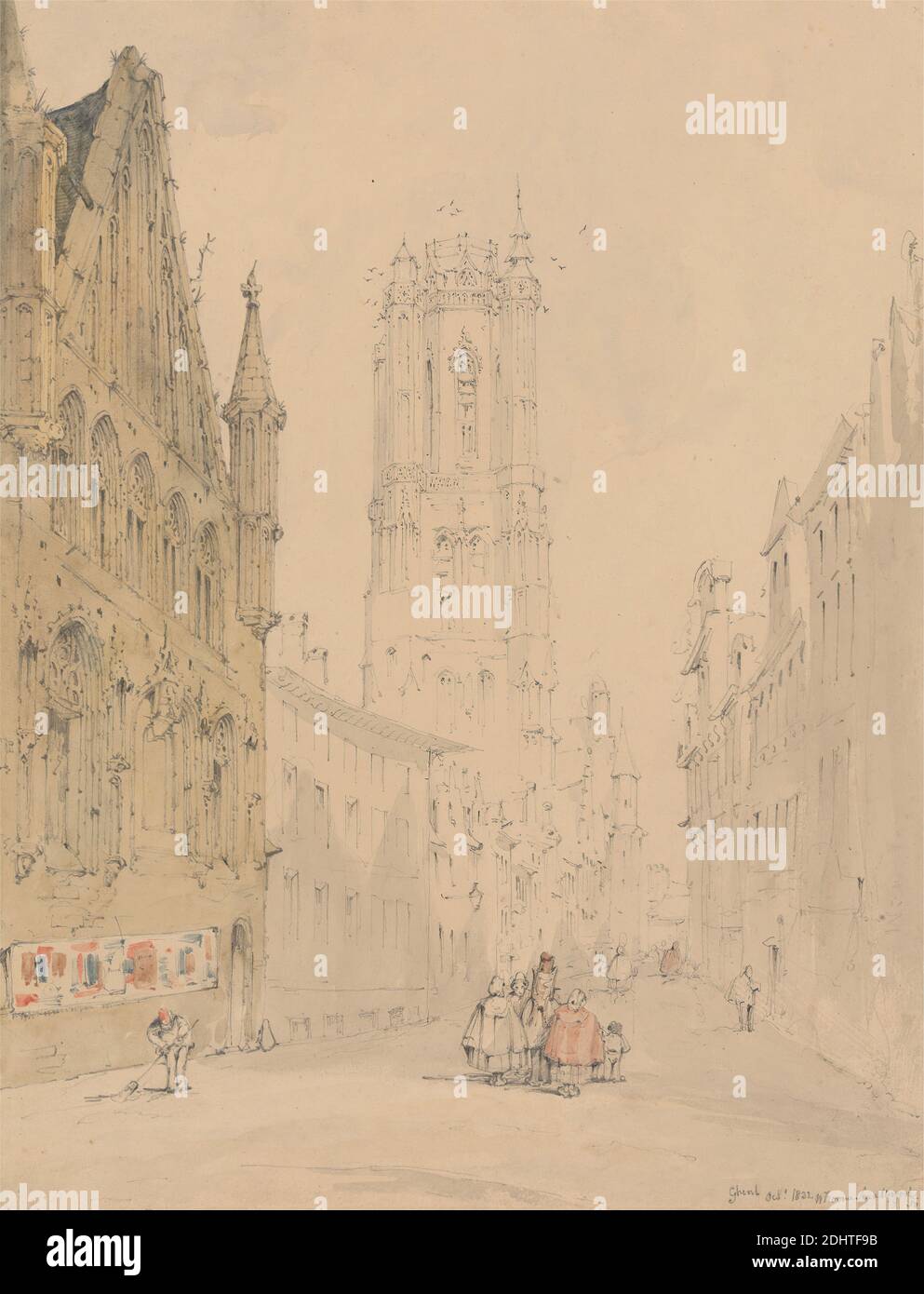 Ghent: Street with Figures, Leading Up to the Cathedral, William Frome Smallwood, 1806–1834, British, 1832, Graphite and watercolor on moderately thick, slightly textured, beige wove paper, Sheet: 12 5/8 × 9 5/8 inches (32.1 × 24.4 cm), architectural subject, broom, buildings, capes, cathedral, cityscape, genre subject, labor, men, street, walking, women, working, Belgium, Ghent, Oost-Vlaanderen, Saint Bavo Cathedral, Vlaanderen Stock Photo