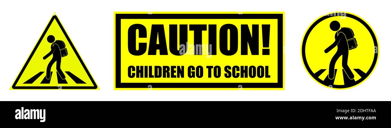 Set of yellow black danger signs, attention. Children cross road at the pedestrian crossing to school. Road safety. Vector on white background Stock Vector