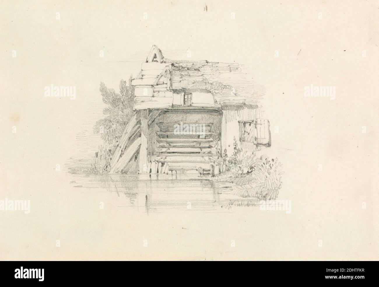 Watermill, William Callow, 1812–1908, British, active in France, undated, Graphite on blued white, medium, slightly textured, wove paper, Sheet: 4 × 5 5/8 inches (10.2 × 14.3 cm), architectural subject, study (visual work), water mill, wheel Stock Photo