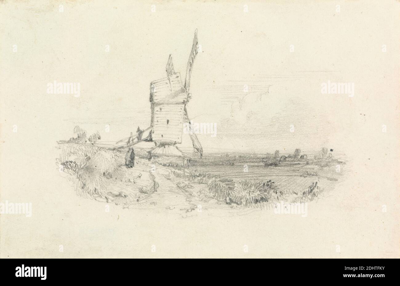 Windmill, William Callow, 1812–1908, British, active in France, undated, Graphite on medium, slightly textured, blued white, wove paper, Sheet: 3 3/8 × 5 inches (8.6 × 12.7 cm), architectural subject, fields, landscape, study (visual work), windmill Stock Photo