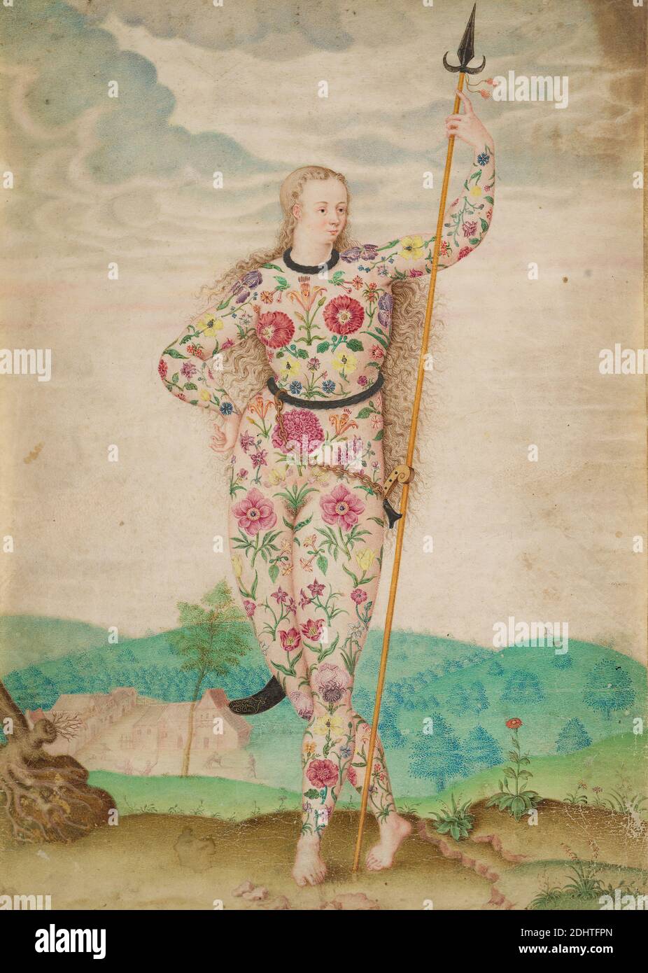A Young Daughter of the Picts, Jacques Le Moyne de Morgues, ca. 1533–before 1588, French, active in England from ca.1580., Formerly attributed to John White, active 1585–1593, British, ca. 1585, Watercolor and gouache, touched with gold on parchment, Sheet: 10 1/4 × 7 3/8 inches (26 × 18.7 cm) and Frame: 20 3/8 × 15 3/8 × 1 inches (51.8 × 39.1 × 2.5 cm), botany, ethnology, figure study, flowers (plants), hair, lance, miniature painting, religious and mythological subject, root, science, settlement, spear, sword, tattoos, women Stock Photo