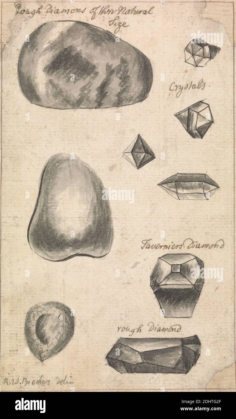 Rough Diamonds, Richard Brookes, 1721–1763, ca. 1760, Pen, black ink and gray wash on medium, moderately textured, cream laid paper, Sheet: 5 7/8 × 3 1/2 inches (14.9 × 8.9 cm), crystal (material by form), diamond, rocks (landforms), still life Stock Photo