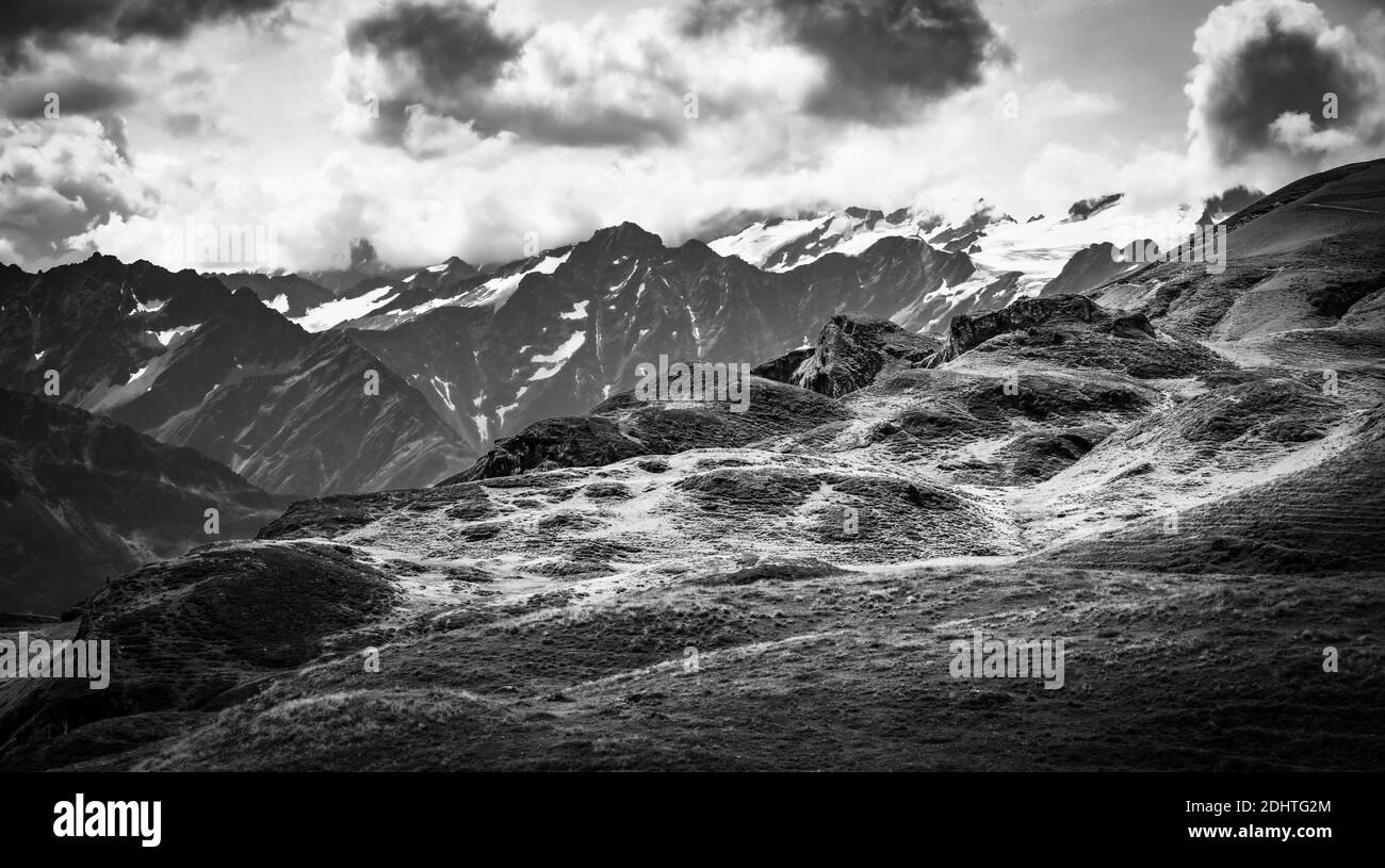 Amazing nature of Switzerland in the Swiss Alps in black and white ...