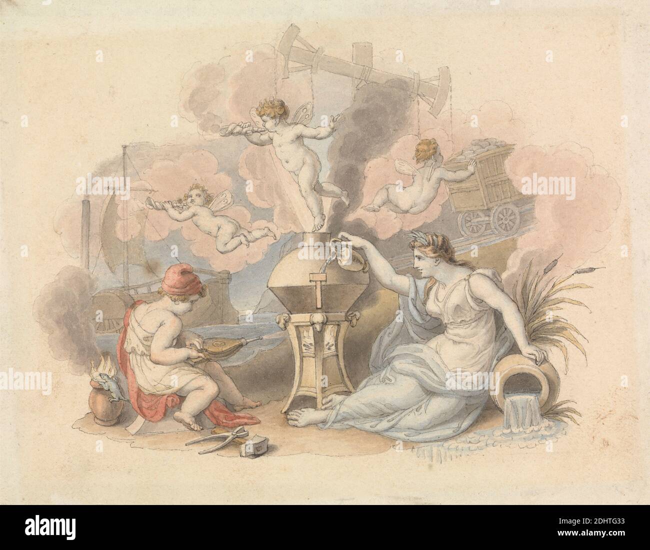 Allegory of Steam, Edward Francis Burney, 1760–1848, British, undated, Watercolor, pen and black ink, and graphite on medium, slightly textured, cream wove paper, Sheet: 3 7/8 x 5in. (9.8 x 12.7cm), allegory, angels, basin, cart, cherubs, coal, ewer, figures (representations), lizard, mallet, religious and mythological subject, shell, ship, steam, wind Stock Photo
