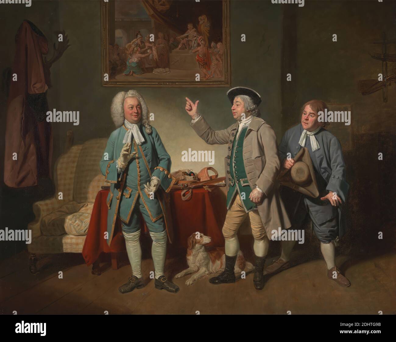 Edward Shuter, John Beard, and John Dunstall in Isaac Bickerton's 'Love in a Village', Johan Joseph Zoffany RA, 1733–1810, German, active in Britain (from 1760), 1767, Oil on canvas, Support (PTG): 51 1/4 x 65 inches (130.2 x 165.1 cm), actors, animal, art, boots, buckles, comedy, costume, cravat, dog (animal), elderly, gesture, literary theme, music, opera (discipline), painting (visual work), performance, rifle, servant, squires, stage, stockings, tricorne, Covent Garden, England, Greater London, London, United Kingdom Stock Photo