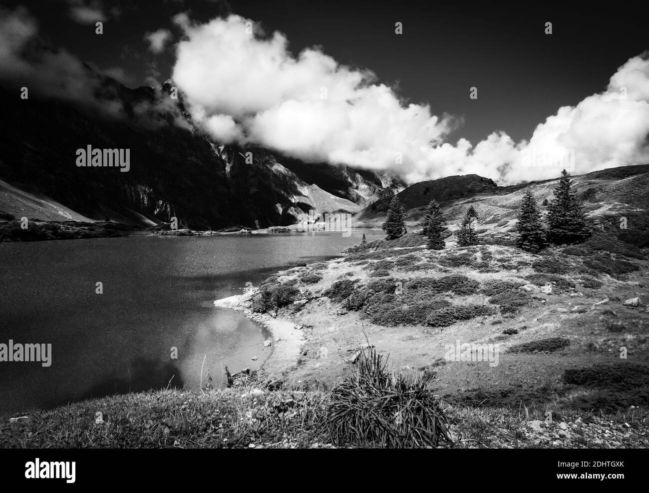 Wonderful spot for vacation in the Swiss Alps in black and white Stock ...
