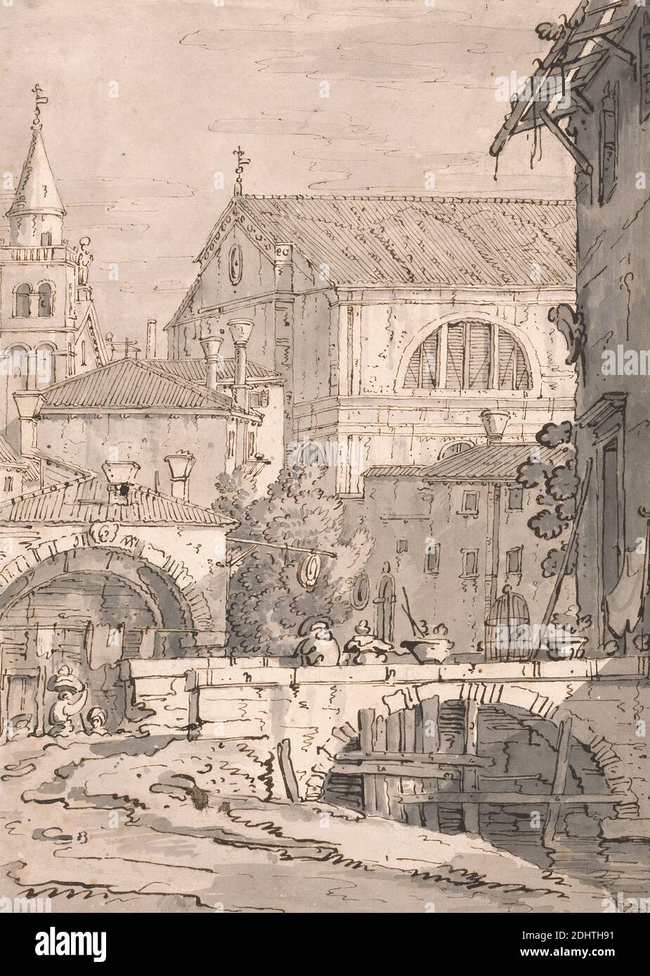 Venetian Fantasy, imitator of Canaletto, 1697–1768, Venetian, active in Britain (1746–55), formerly attributed to Paul Sandby RA, 1731–1809, British, undated, Pen and brown ink, gray wash and graphite on medium, moderately textured, cream wove paper, Sheet: 11 1/2 x 8 3/8 inches (29.2 x 21.3 cm), architectural subject, architecture, birdcage, bridge (built work), cityscape, fantasy, genre subject, Grand Tour, laundry, weathervane, Europe, Italy, Veneto, Venezia, Venice Stock Photo