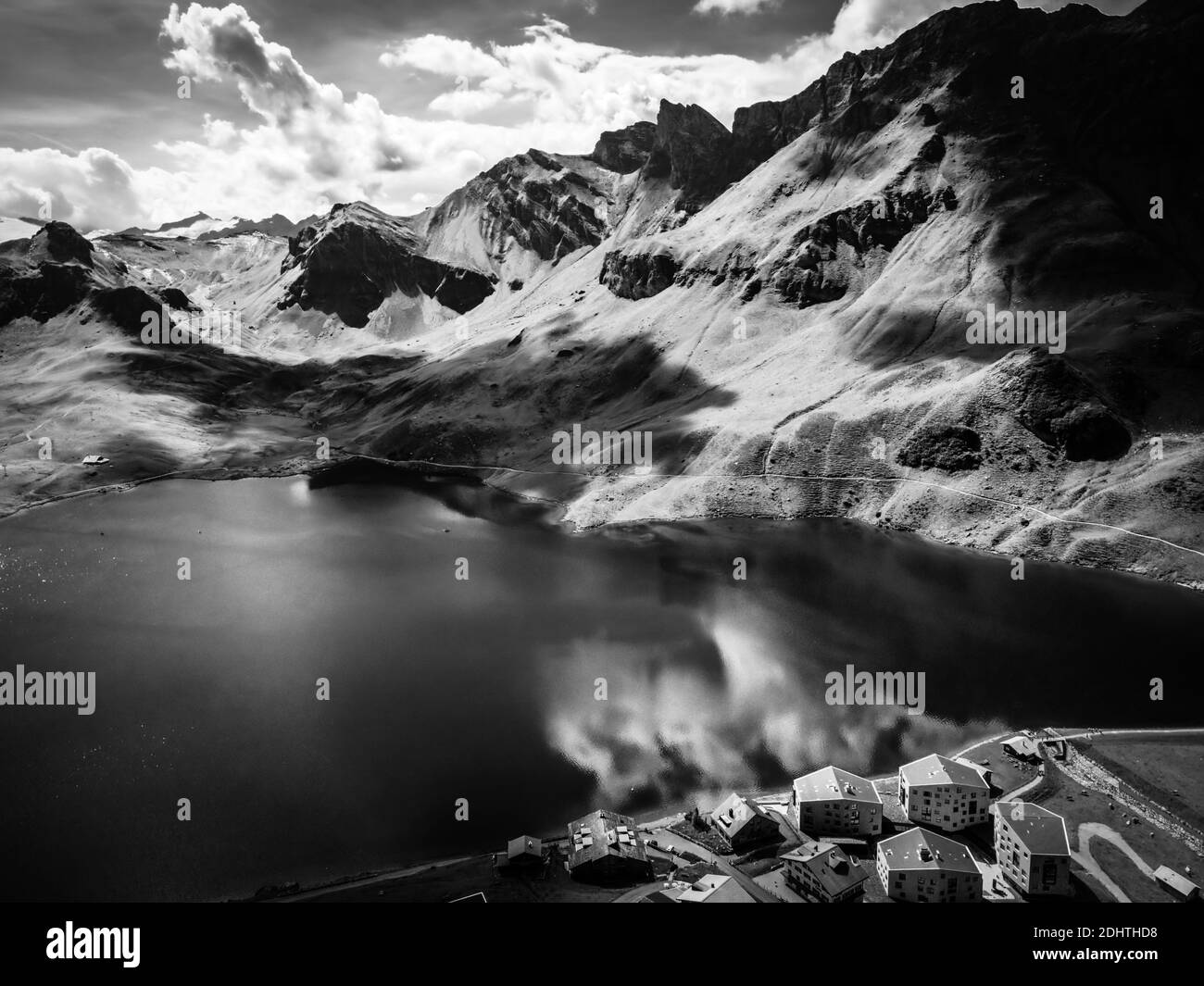 The Swiss Alps at Melchsee Frutt in black and white Stock Photo