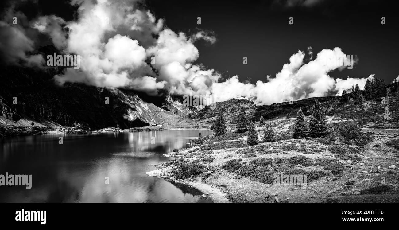 Wonderful spot for vacation in the Swiss Alps in black and white Stock ...