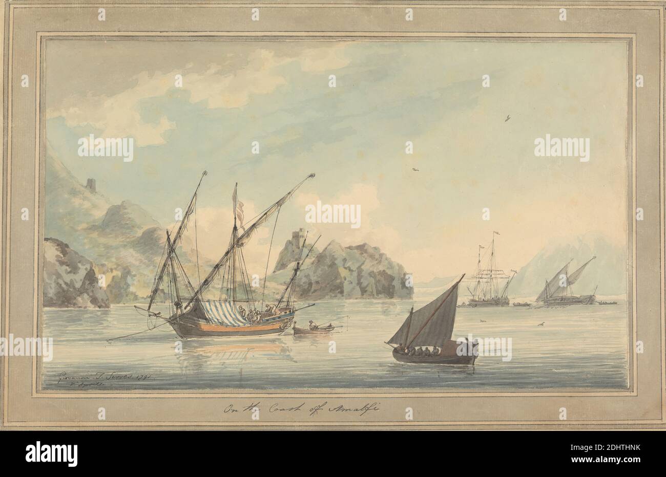 Shipping off the Coast at Amalfi, John Thomas Serres, 1759–1825, British, 1791, Watercolor with pen and black ink over graphite on medium, slightly textured, beige wove paper, Sheet: 8 1/2 x 14 5/16in. (21.6 x 36.4cm) and Sheet: 8 1/2 × 14 3/8 inches (21.6 × 36.5 cm), Amalfi Stock Photo