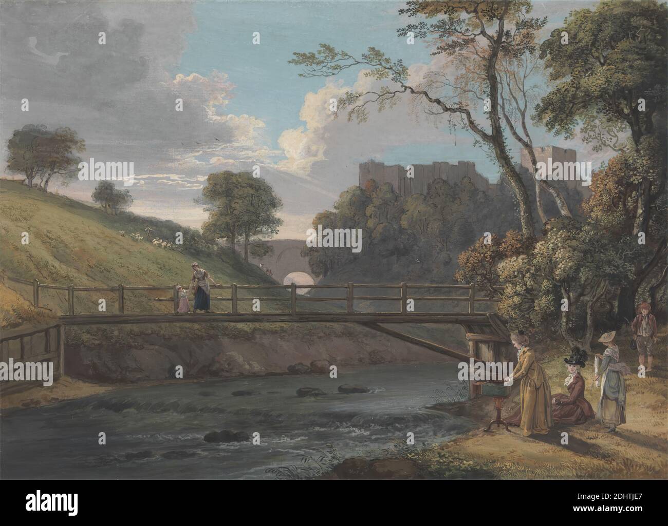 Roslin Castle, Midlothian, Paul Sandby RA, 1731–1809, British, ca. 1780, Gouache on medium laid paper, mounted on board, Sheet: 18 1/8 x 25 1/8 inches (46 x 63.8 cm) and Mount: 18 1/8 x 15 1/8 inches (46 x 38.4 cm), amateur, artist, bridge (built work), camera obscura, castle, children, clouds, hats, hills, ladies, landscape, light, picturesque, poet, river, Scottish, sheep, shepherd, sky, trees, women, Esk, Europe, Midlothian, Roslin, Roslin castle, Scotland, United Kingdom Stock Photo