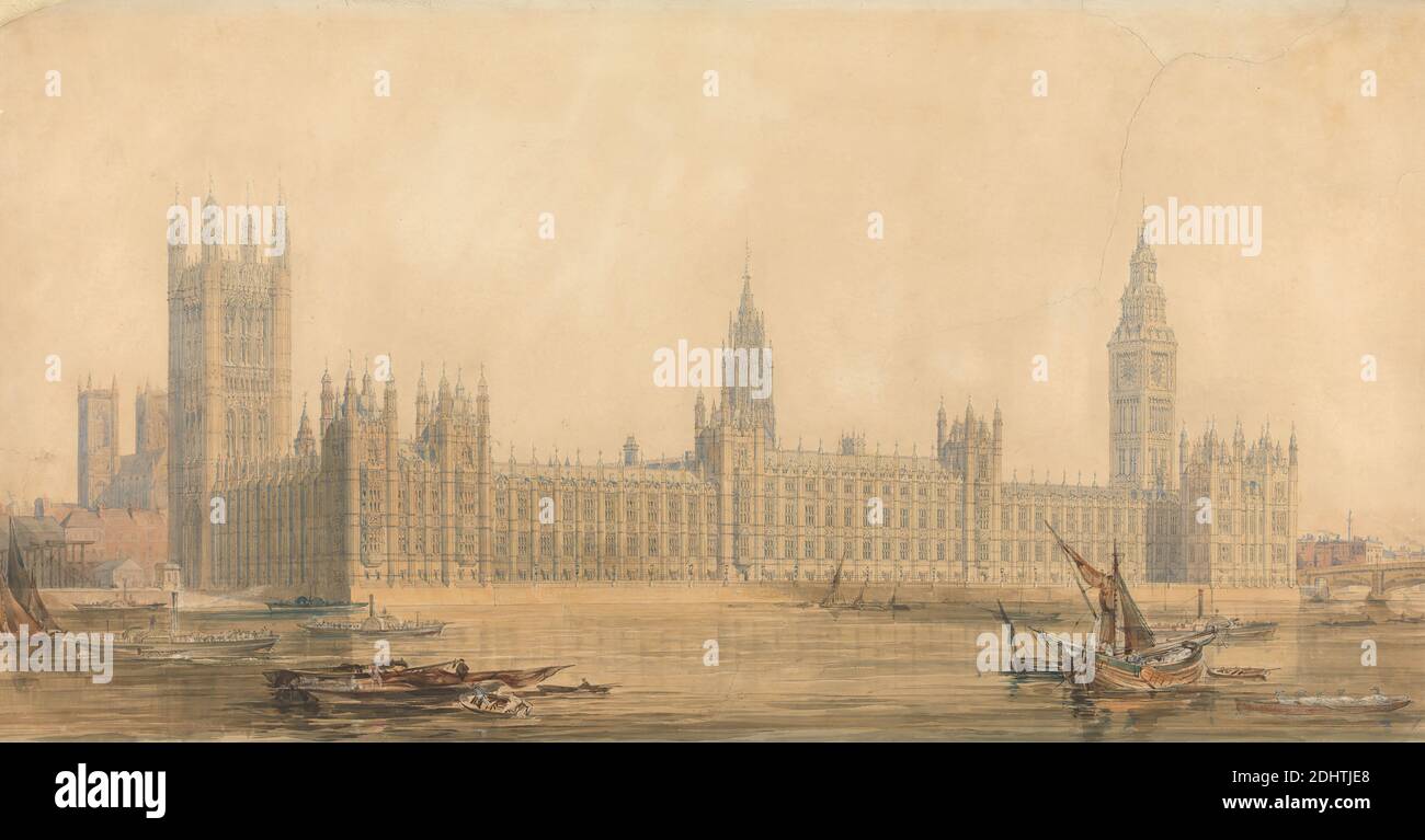 Perspective View: the New Houses of Parliament, Sir Charles Barry, 1795–1860, British, ca. 1840-1849, Watercolor over traces of graphite, with gouache, pen and black and brown ink on medium, smooth, weige wove paper, Sheet: 15 7/8 x 30 1/8 inches (40.3 x 76.5 cm), architectural subject, architecture, boats, bridge (built work), buildings, design, men, Perpendicular Gothic, perspective views, river, spires, steamships, towers (building divisions), City of Westminster, England, London, Palace of Westminster, Thames, United Kingdom Stock Photo